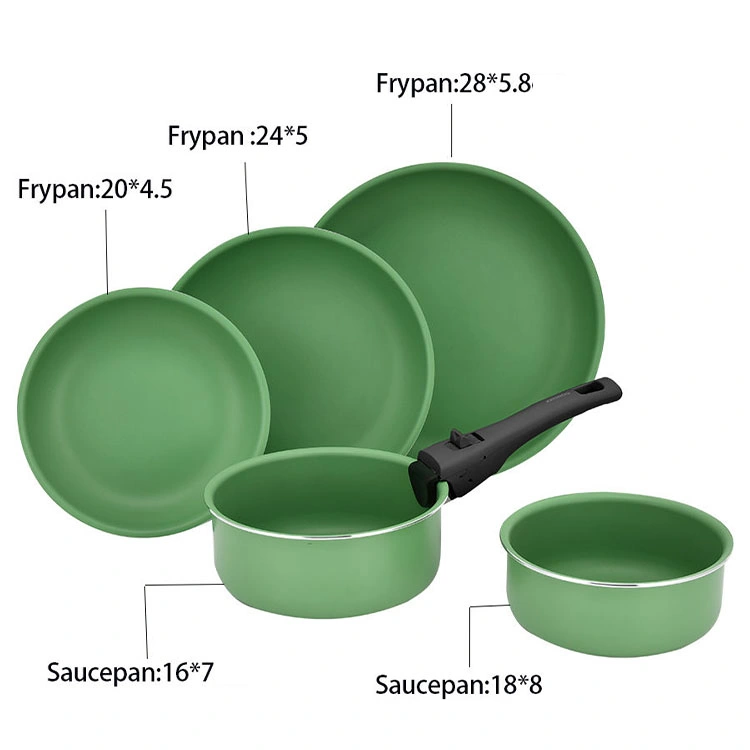 Customized Portable Pot and Pan Set Detachable Handle Safe Non Stick Cookware Set with Removable Handle