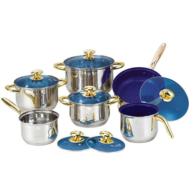 10PCS Stainless Steel Cookware Set with Golden Handles and Blue Glass Lid, Metal Pots and Fry Pans, South American Induction Kitchenware for Any Cooktops