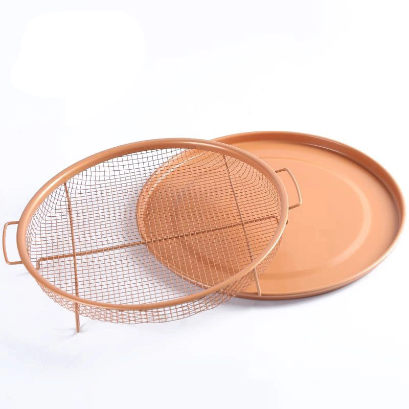 Durable Non-Stick 2 Piece Set Round Copper Air Fry Crisper Tray Mesh Baking Tray Non-Stick Round Baking Pan Scratch Proof Esg15987