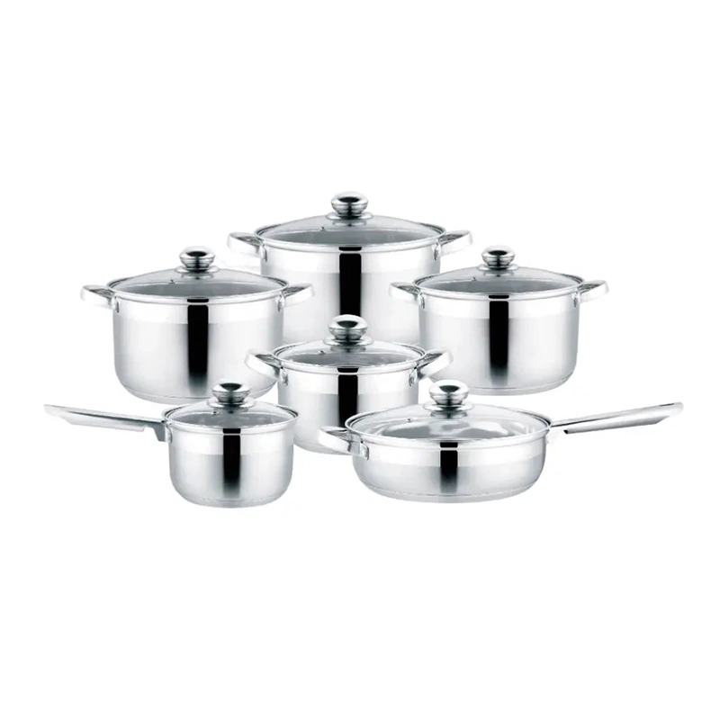 Wholesale OEM 18 10 Stainless Steel Cookware Set 12 PCS Cooking Pan Set Kitchenware with Glass Lid