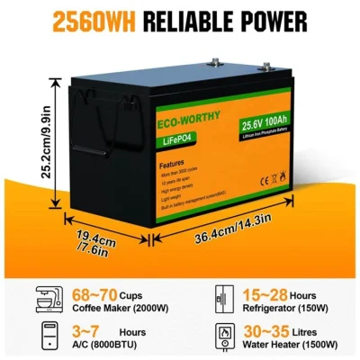 Eco-Worthy 24V 100ah Solar LiFePO4 Ion Lithium Battery for Home Use 48V