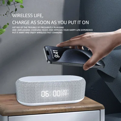 Portable Charging Station Wireless Charger with Night Light Alarm Clock Temperature Display 52mm Bt Speakers 18650 Battery