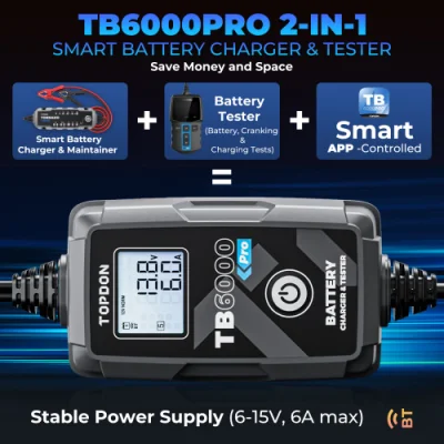 Topdon New Design Tb6000 PRO Portable Smart 5-240ah 6V 12V DIY Lead Acid Lithium Automotive Vehicles Motorcycle Car 2 in 1 Battery Tester and Battery Charger