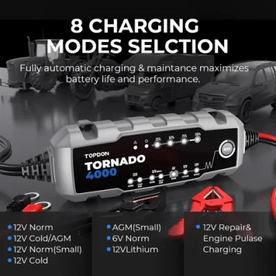 Topdon America Australia UK Stock T4000 Portable Intelligent Smart Multiple Lead Acid Lithium Ion Universal 6V 12volt Auto Truck Motorcycle Car Battery Charger