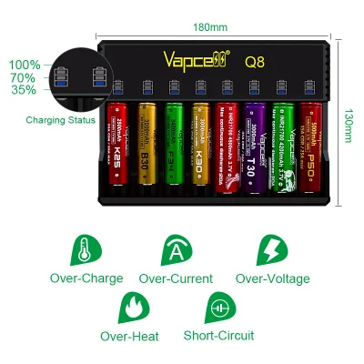New Release Vapcell Q8 Charger Slots Charger for 8*18650 8*21700 3.7V Li-ion Batteries