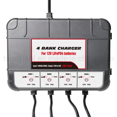 12V 4-Bank 40-AMP (10-AMP Per Bank) Fully-Automatic Smart Marine Charger on-Board Marine Lithium LiFePO4 Battery Charger