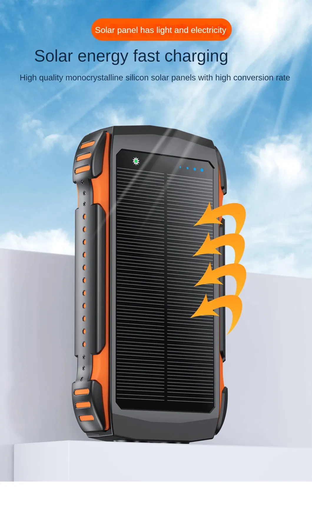 Waterproof 20000mAh Battery Outdoor Power Charger with Detachable Cable Solar Power Bank