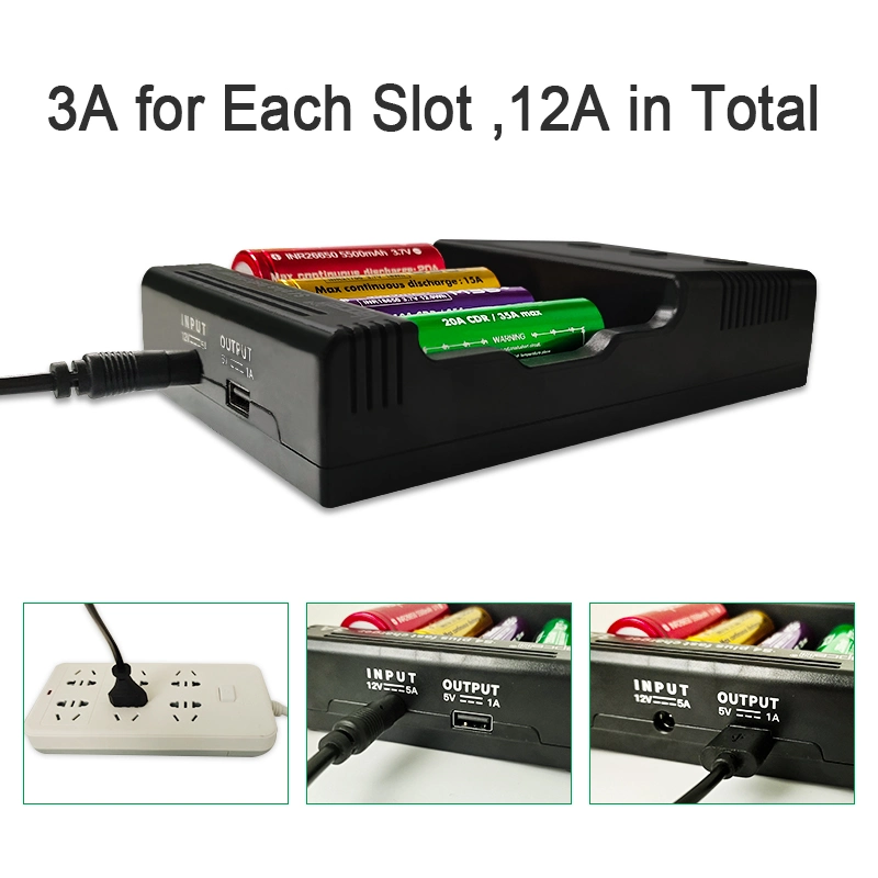 12A 4 Slots Smart Fast Battery Charger for Rechargeable Cell 21700 18650 26650 18500 AA Batteries