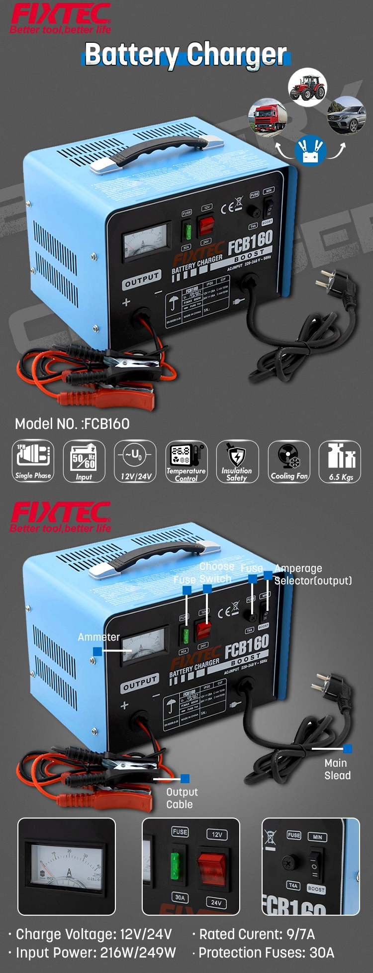 Fixtec Industrial 12volts Battery Charger Fast Charger Smart Motorcycle Car Battery Charger