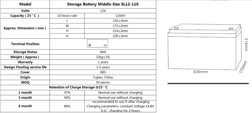 SL12-110 12V110Ah Lithium Energy Small Lead Acid Battery Solar Battery Trickle Charger