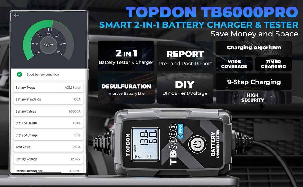 Topdon Tb6000PRO Portable 6V 12V Volt Portable Smart Mini Lead Acid Lithium Auto Truck Swift 2 in 1 Multiple Car Battery Maintainer Load Tester Trickle Charger