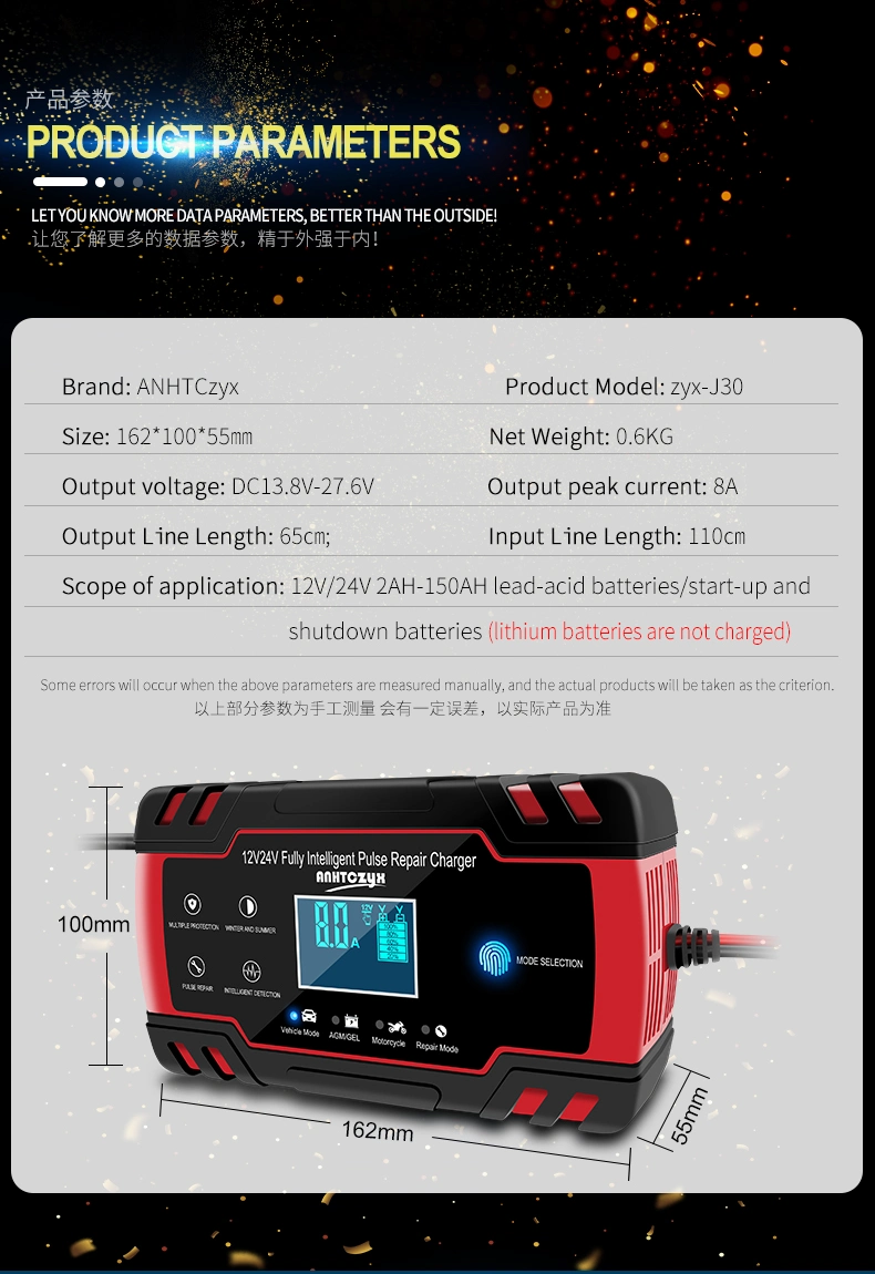 Automatic 12V 8A 24V 4A Auto Motorcycle Car Truck Pulse Repair Lead Acid AGM Gel Wet Battery Charger