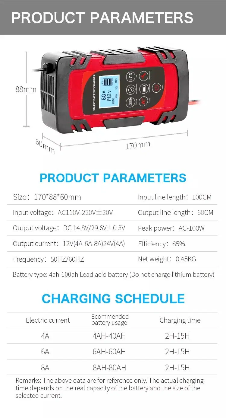 Automatic 12V/24V 4A 6A 8A Lead Acid Quick Car Battery Charger