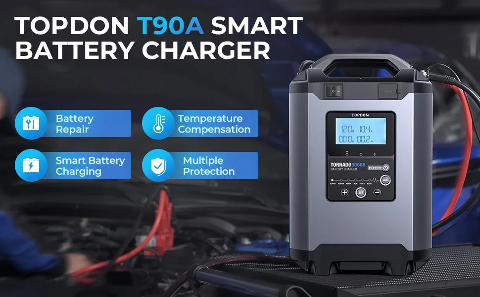 Topdon Factory Supply Tornado90000 24V Lithium 12 Volt Auto Ion Car LiFePO4 Battery Charger Lead Acid 12V Motorcycle Intelligent 100ah Charger for Car Battery