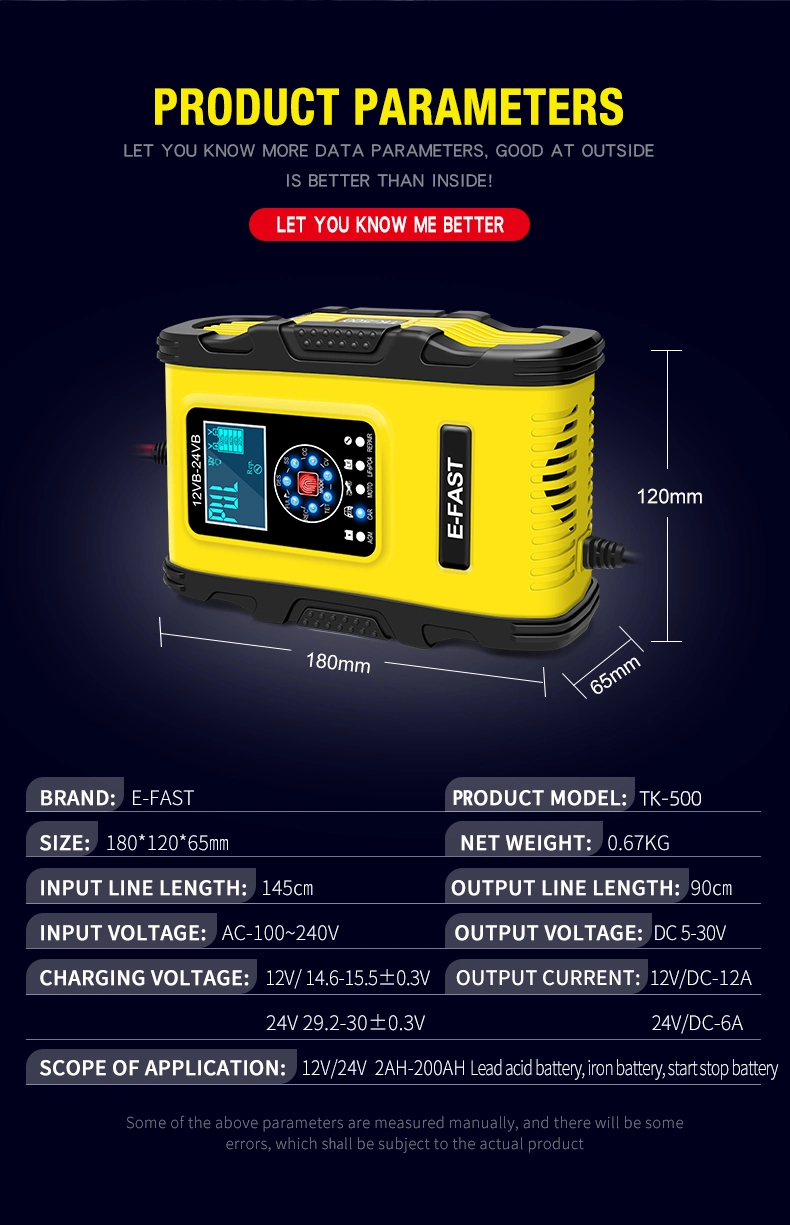 12V 24V 12A Pulse Repair Charger/ LiFePO4 Motorcycle &amp; Car Battery Charger/AGM Deep Cycle Gel Efb Lead-Acid Charger