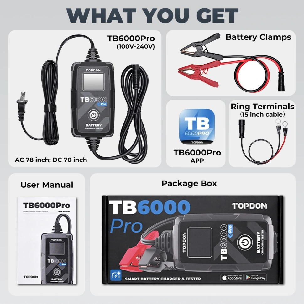 Topdon Tb6000PRO Portable Professional Mini 6V 12V Smart DIY Lead Acid Lithium Auto Trickle Swift 2 in 1 Multi Function Fast Battery Tester Car Battery Charger