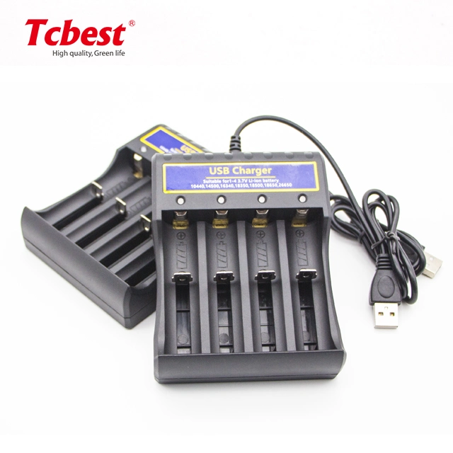 Factory Direct 3.7V Black Color Super Charge Rechargeable Fast Lithium Battery Charger 4 USB with Cable for 18650/14500/26650/18500/10440/18350/18650