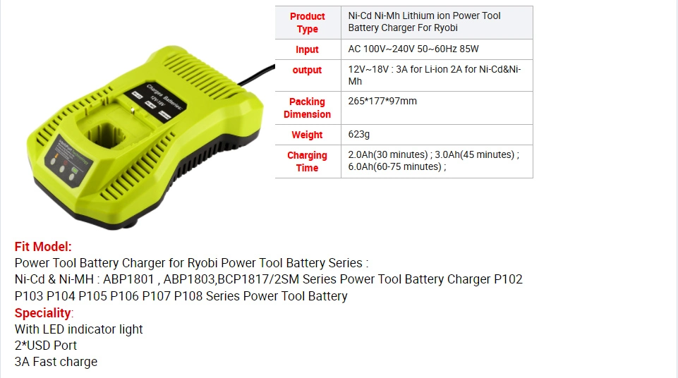 18V Charger Replacement for Ryobi P117 One+ 18 Volt Compatible with Ryobi 18V Lithium Ion Battery and Cordless Tools