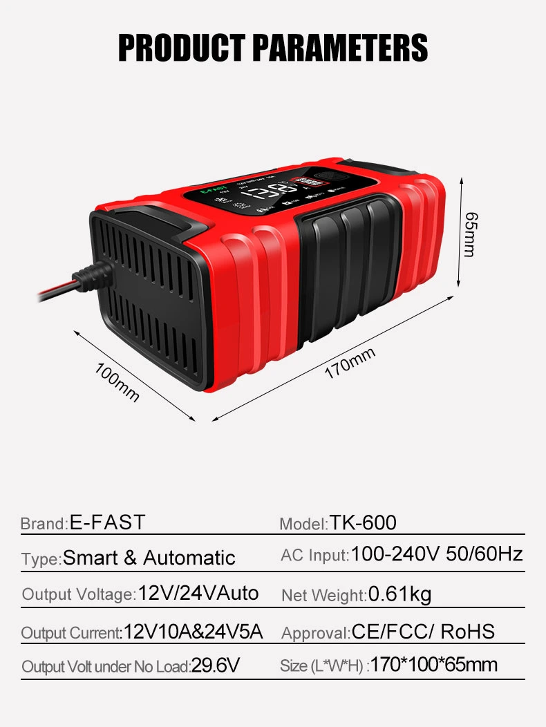 Intelligent Battery Charger 10A12V 24V for Automatic Charger Car Motorcycle Boat Marine