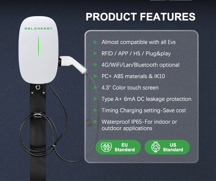 Gsl Energy IP65 Waterproof Wallbox 3 Phase 1 Phase 7.4kw 22kw Electric Car Battery Charger with Smart APP