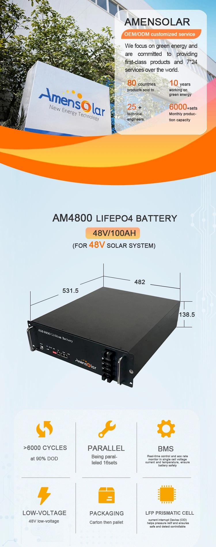 Amensolar Am4800 Home Use 48V Storage Batteries 4.8kwh 48 Volt 100ah Solar System Use Lithium Ion Battery