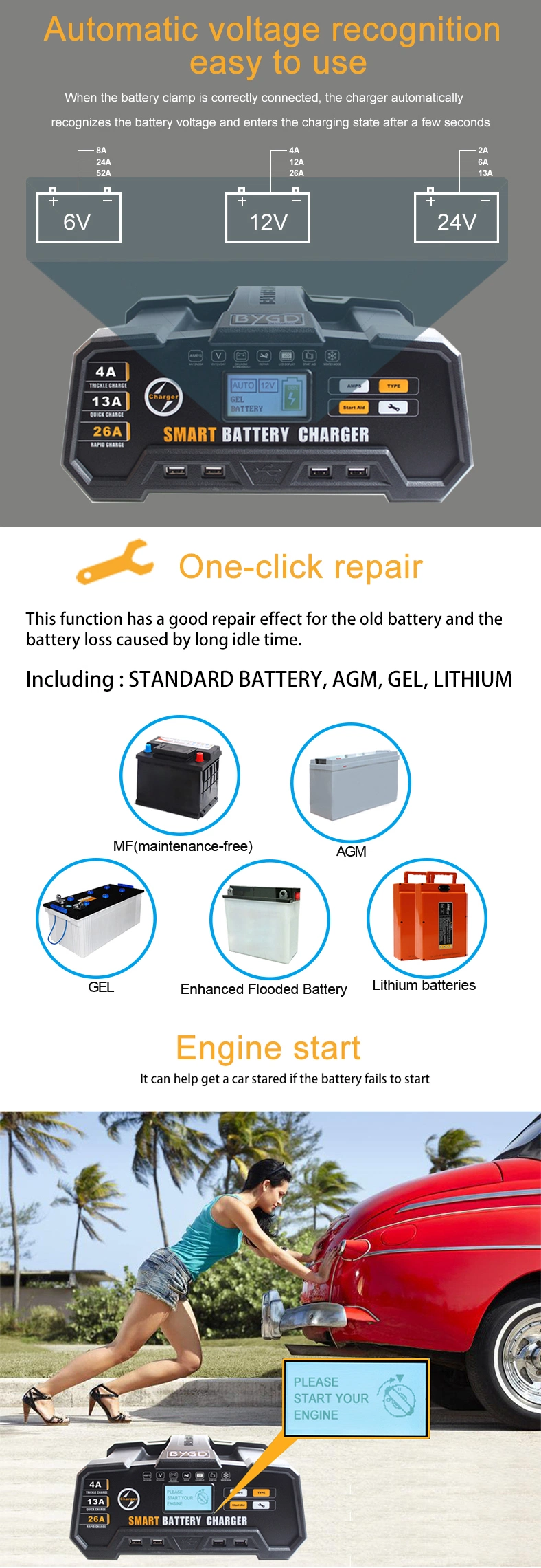 E-Fast 6V 12V 24V Lead Acid Battery Charger 13A Automatic Car Battery Charger with LCD Display Intelligent Battery Charger