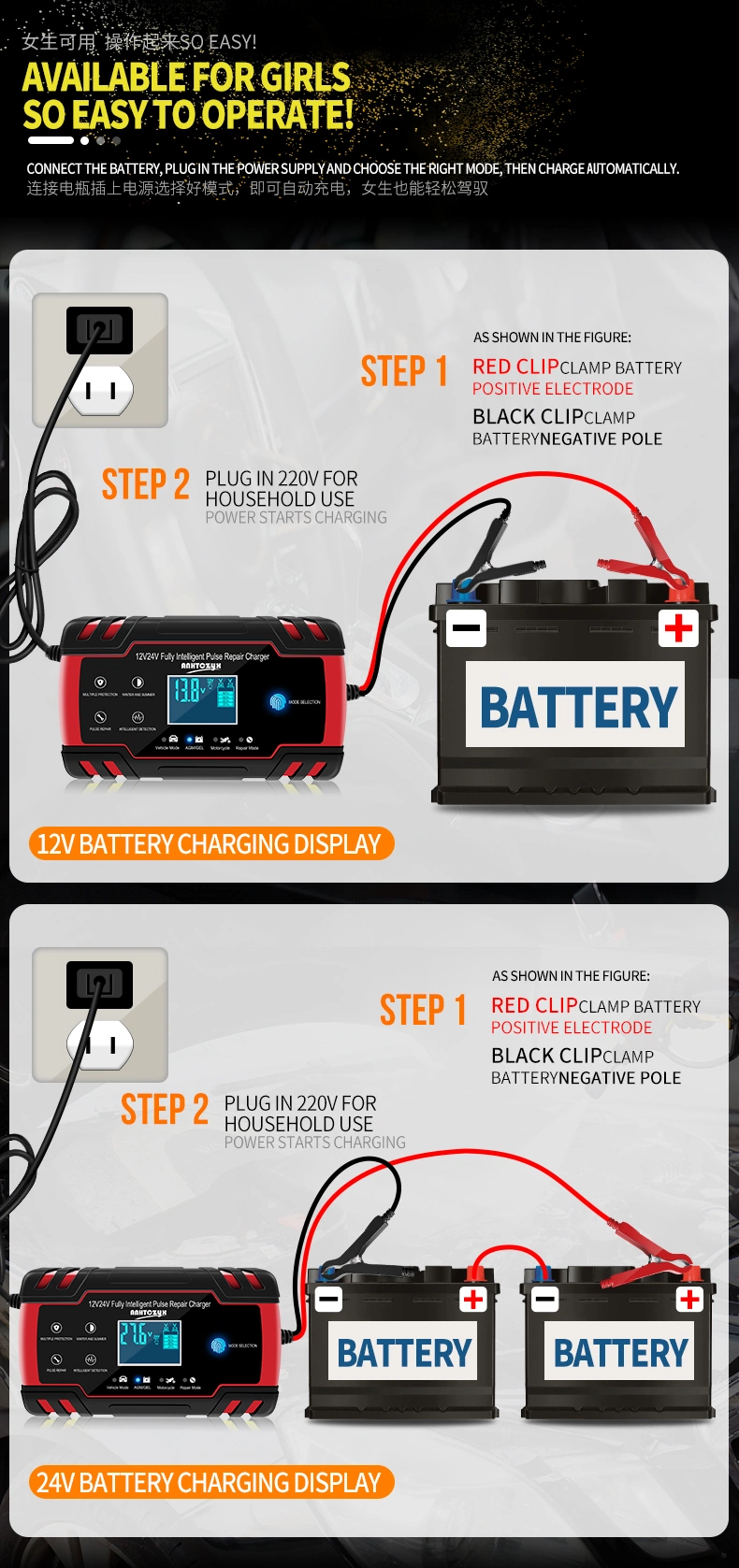 Automatic 12V 8A 24V 4A Auto Motorcycle Car Truck Pulse Repair Lead Acid AGM Gel Wet Battery Charger