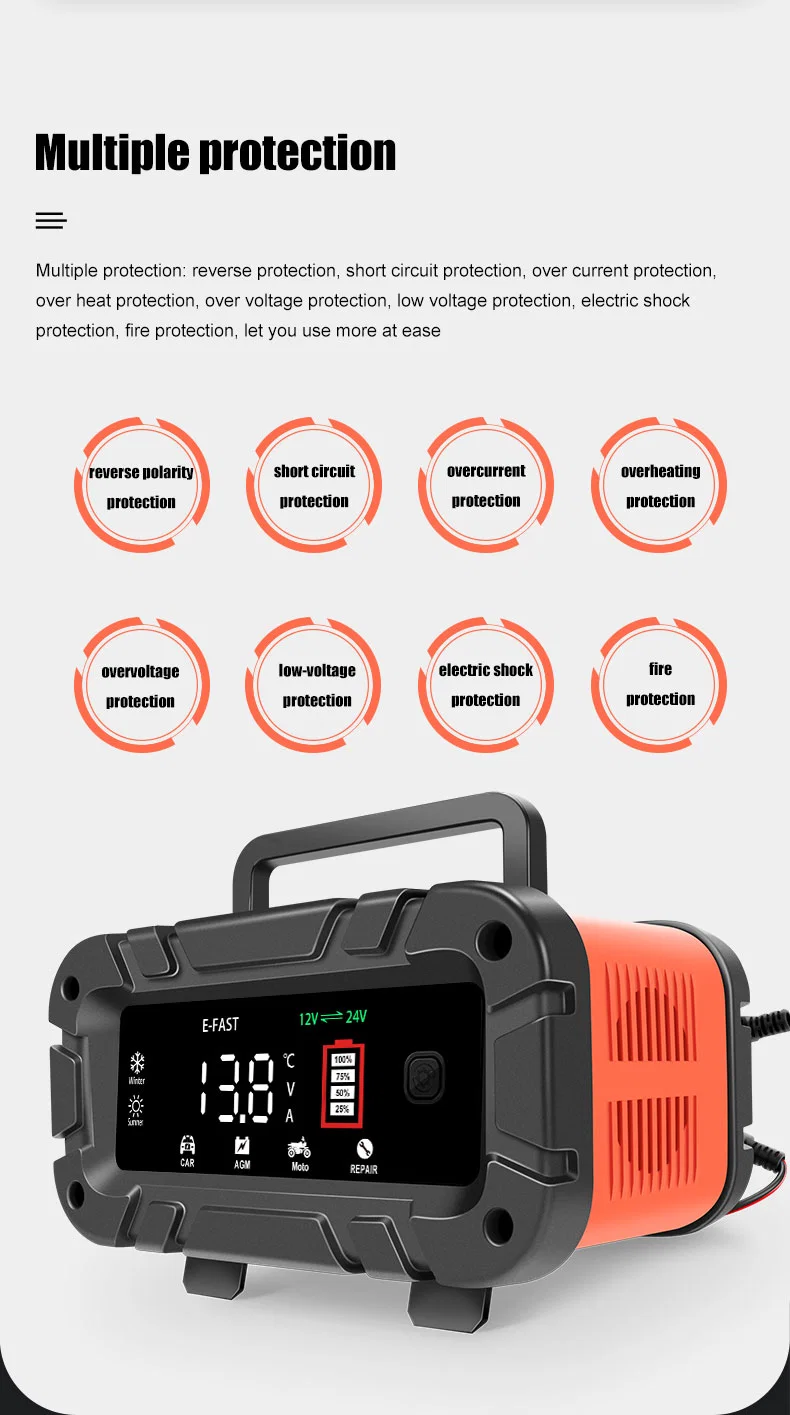 E-Fast Car Truck 12V 10A 24V 5A AGM Deep Cycle Gel Lead Acid Battery Charger with Intelligent Chip for Marine