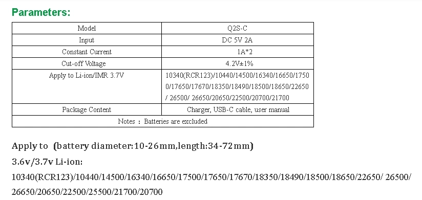 Type-C Charger Smart Fast Q2s-C Charger 2 Slot for 14500 10440 21700 AA AAA 18650 26650 Lithium Ion Batteries Rechargeable Battery