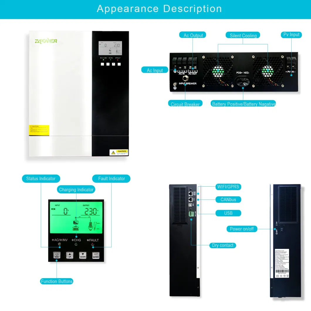 48V Lead-Acid, Lithium Battery and Without Battery 5500W Hybrid Inverter DC to AC off-Grid Pure Sine Wave Inverter with 80A Charge Controller