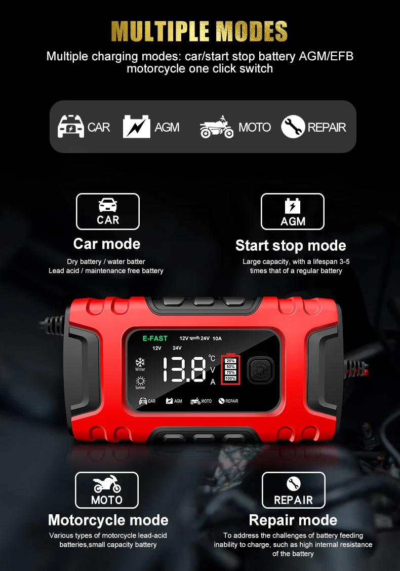 Hot Selling Automatic Full Intelligent Trickle Charger DC 5A 10AMP Digital 12V 24V 7-Stage Full Intelligent Car Battery Charger