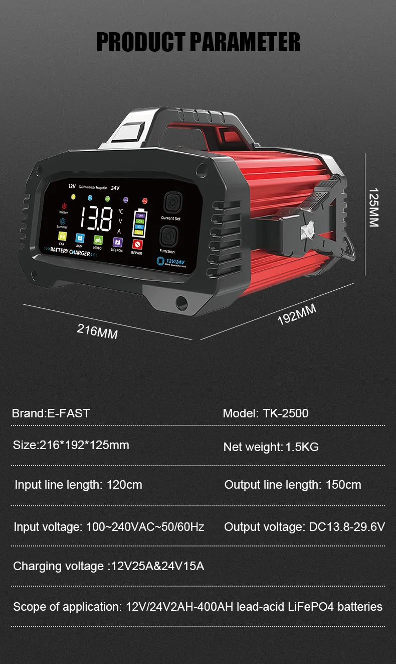 Portable Smart 12V 24V Lead Acid Battery Charger 25A Pulse Repair for Motorcycle Car Boat AGM Gel Deep Cycle Batteries