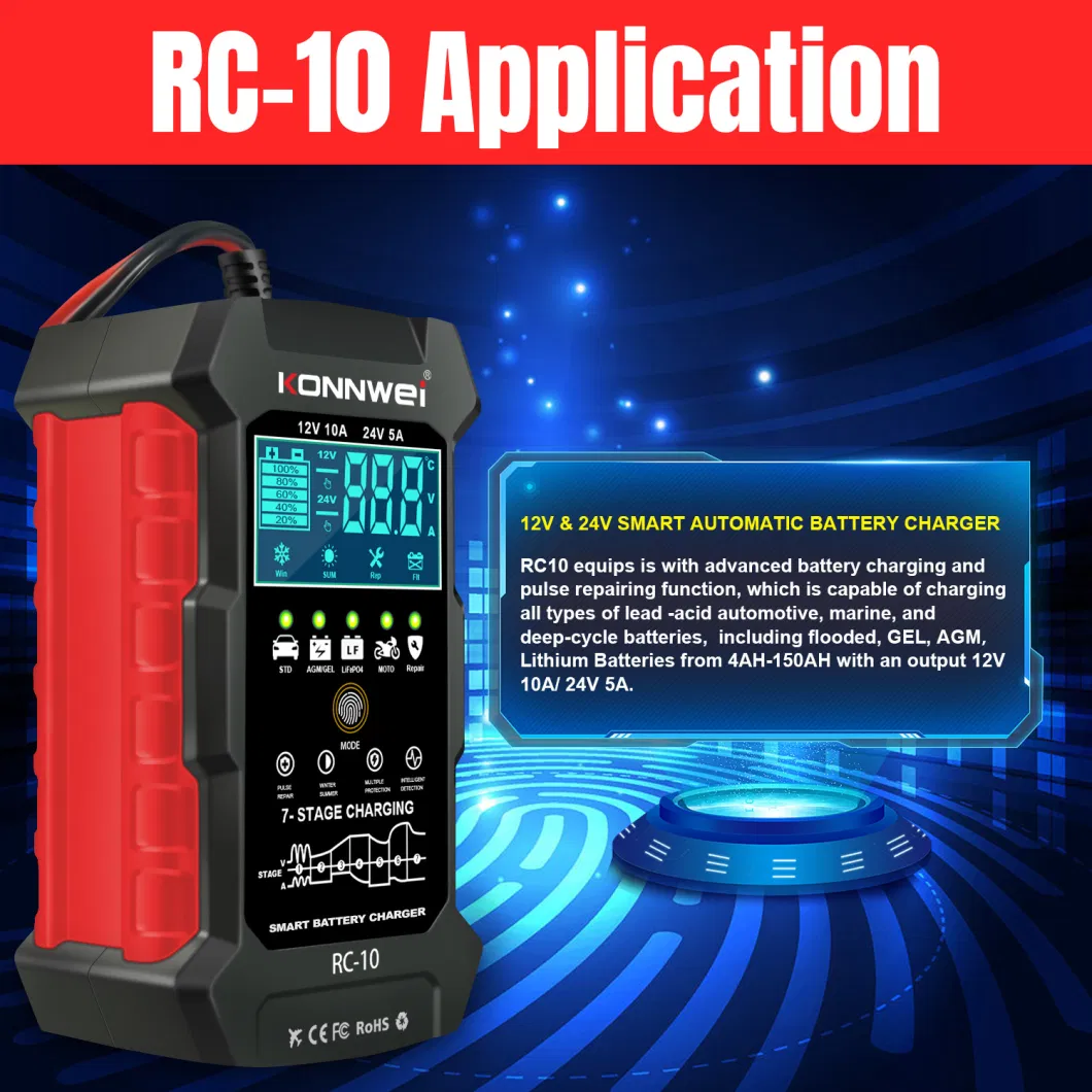 RC-10 12V/10A 24V/5A Smart Auto Battery Charger with Pulse Repair