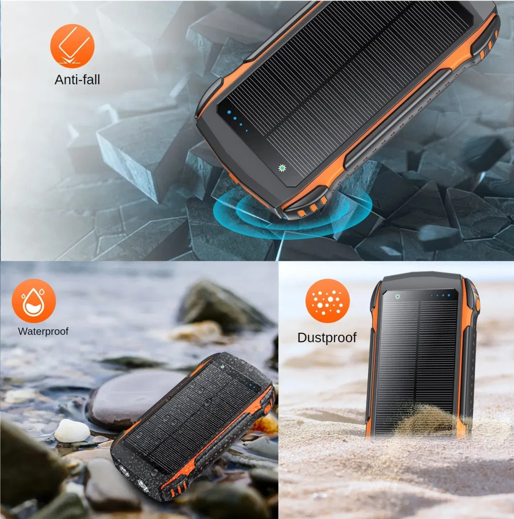 Waterproof 20000mAh Battery Outdoor Power Charger with Detachable Cable Solar Power Bank