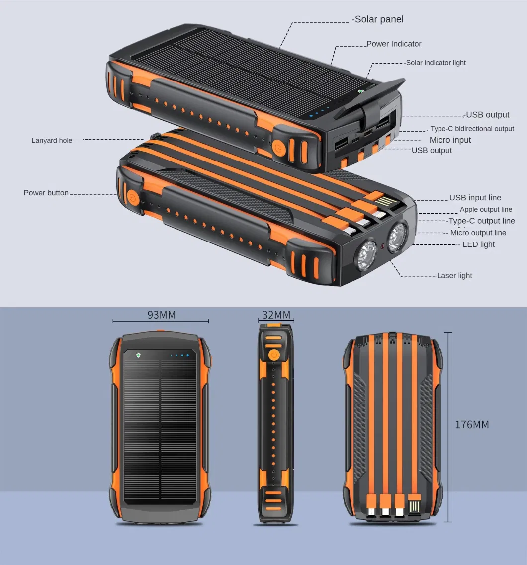 Waterproof 20000mAh Battery Outdoor Power Charger with Detachable Cable Solar Power Bank