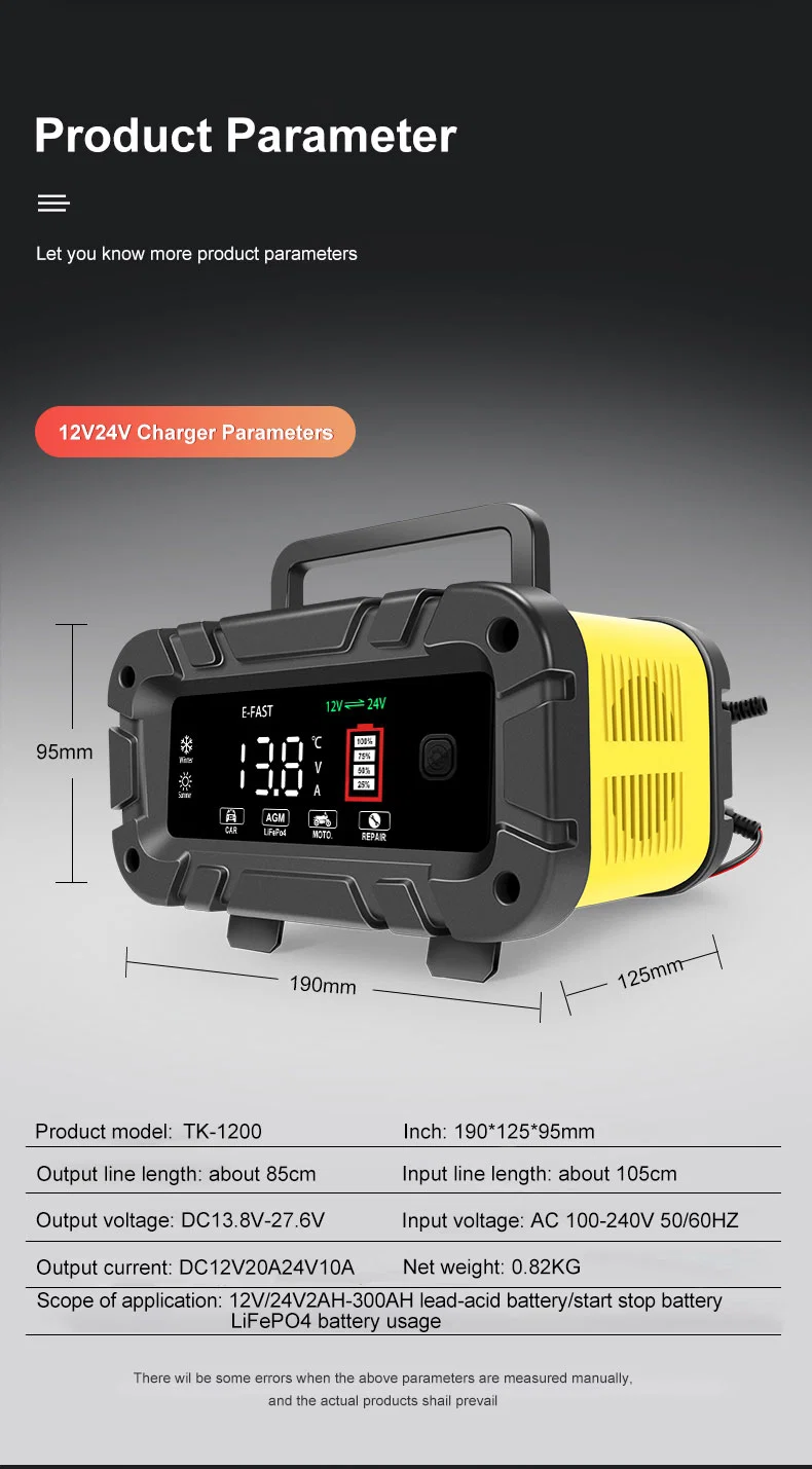 Car Battery Charger 12V/24V 20A Touch Screen Automatic Pulse Repair Charger for Motorcycle Lead Acid AGM Gel Lithium Batteries