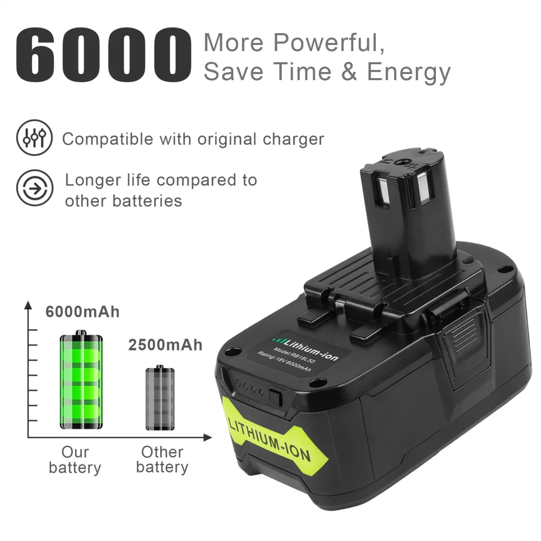 Hot Selling 18V 6000mAh Rb18L50 Rechargeable Lithium Battery for Ryobi Replacement Li-ion Battery Cordless Power Drill Tools