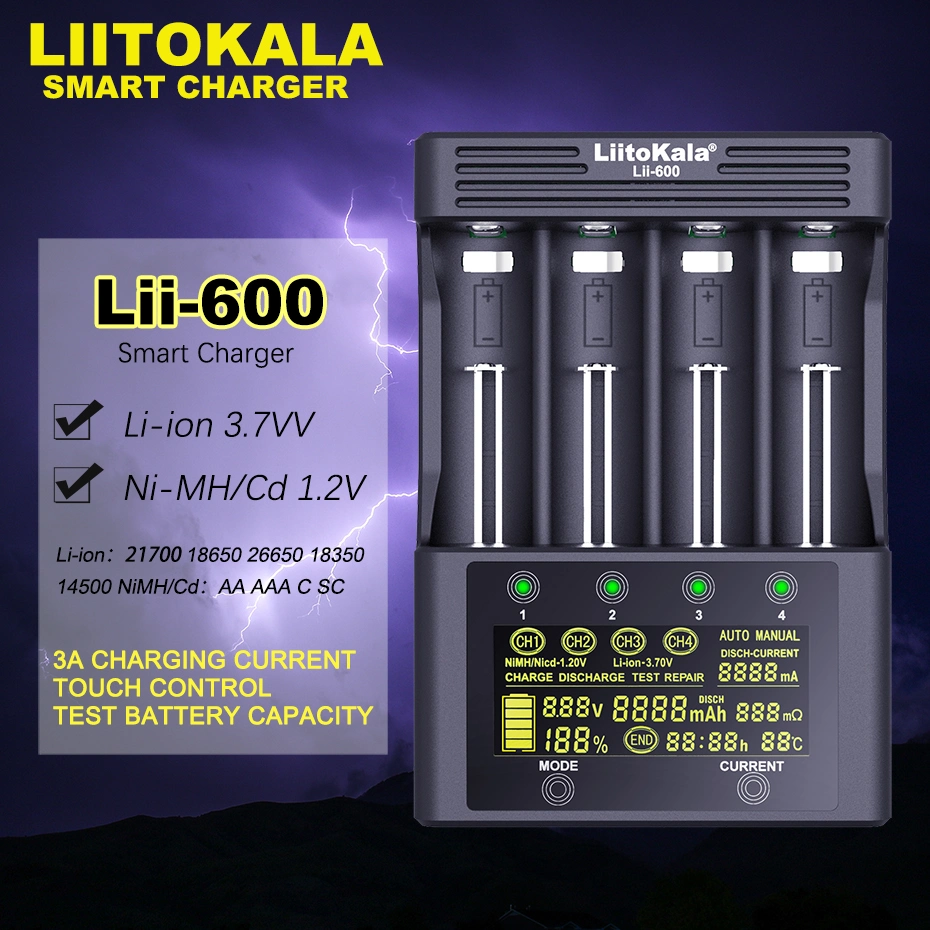 LCD Display Liitokala Lii-600 Battery Charger for 3.7V 1.2V 18650 26650 21700 26700 AA AAA