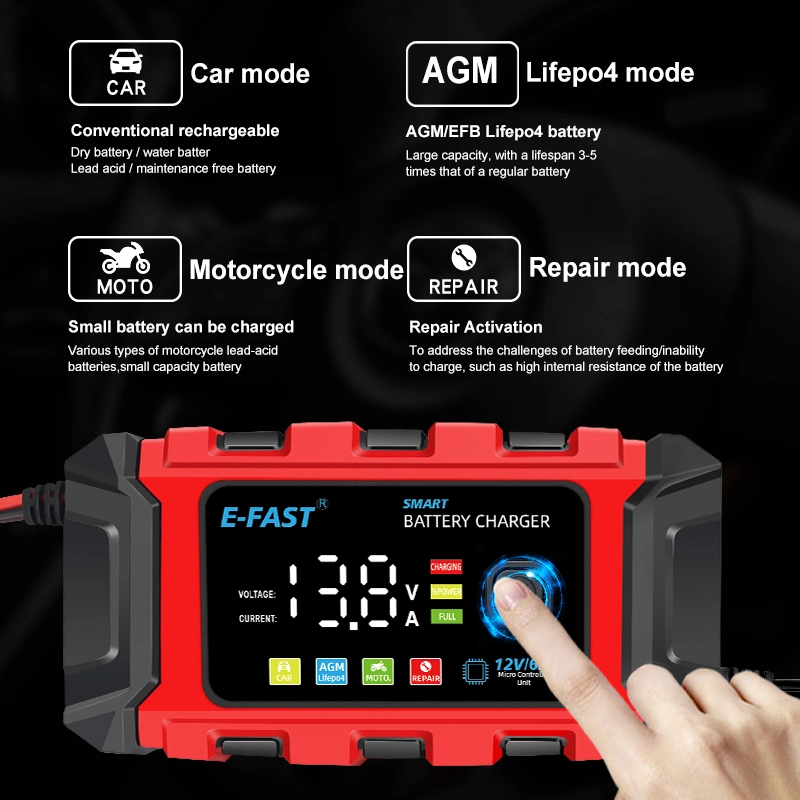 Portable 12V Car Battery Charger 6A Automatic Intelligent Pulse Repair Lead Acid Battery Charger