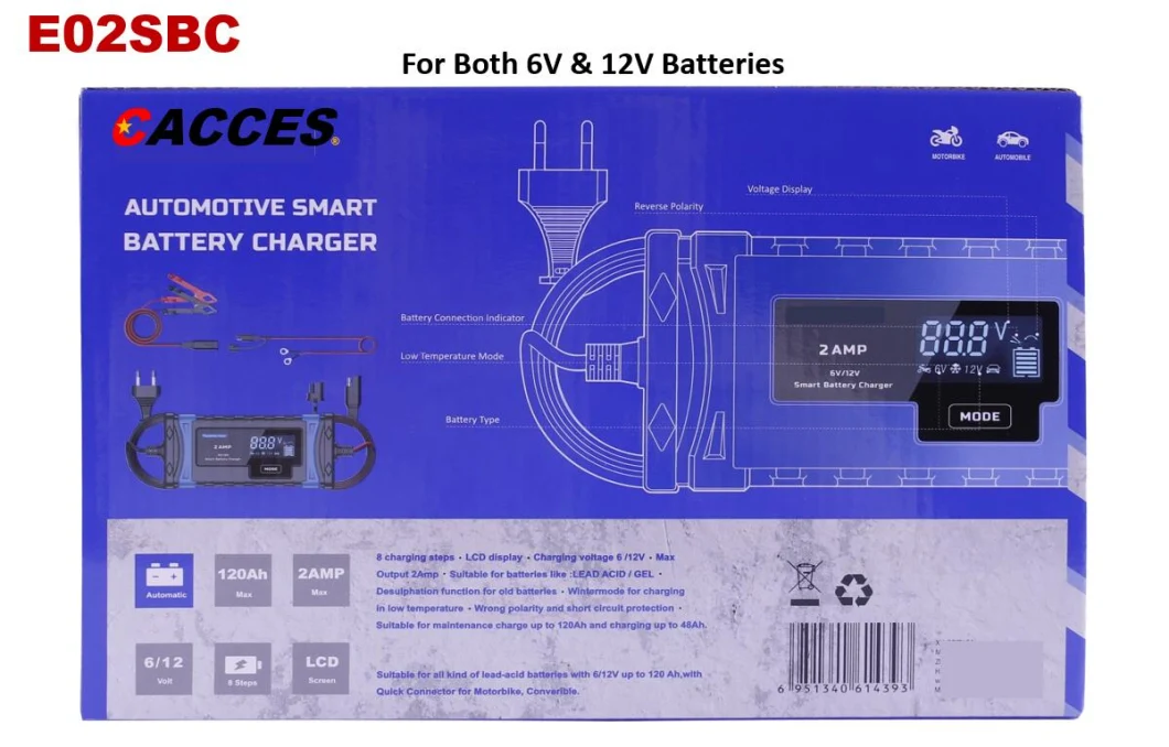 Portable Automatic Car Battery Charger 6V/12V Motorcycle Pulse Repair Trickle Charger for Lead Acid Battery Compatible W/ All Types of Vehicles 8 Stages Program