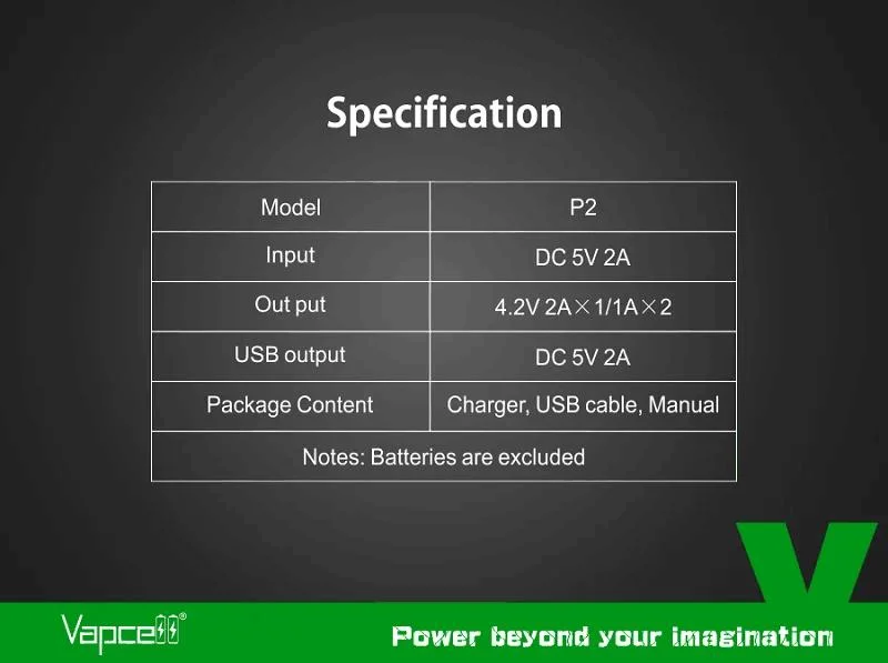 2 Slots 5V Intelligent Portable Battery Charger Universal 3.6V 3.7V 18650 Battery Charger Vapcell P2 for 18650 Li-ion Battery