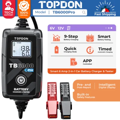 Topdon TB6000PRO Portable 6V 12V 12V de litio de Plomo Ácido Automotive Universal inteligente de energía de batería de coche rápida Probador de carga de batería de auto mantenedor cargador gradual