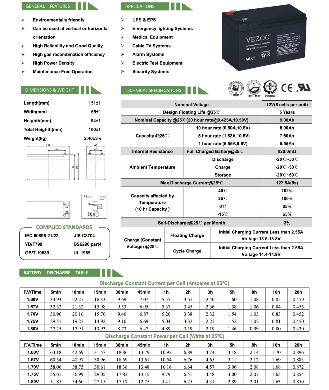 12V 9ah Maintenance Free Lead VRLA AGM Lead Acid Battery UPS Battery Toys, Power Tools Battery