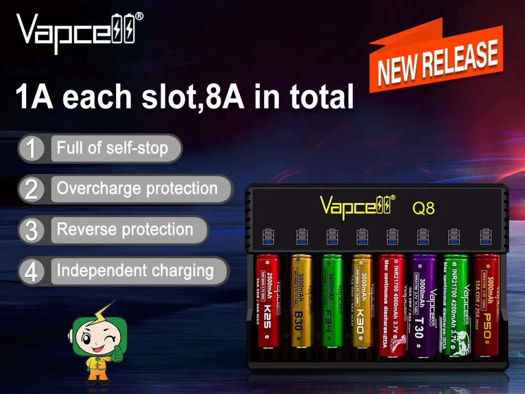 New Release Vapcell Q8 Charger Slots Charger for 8*18650 8*21700 3.7V Li-ion Batteries