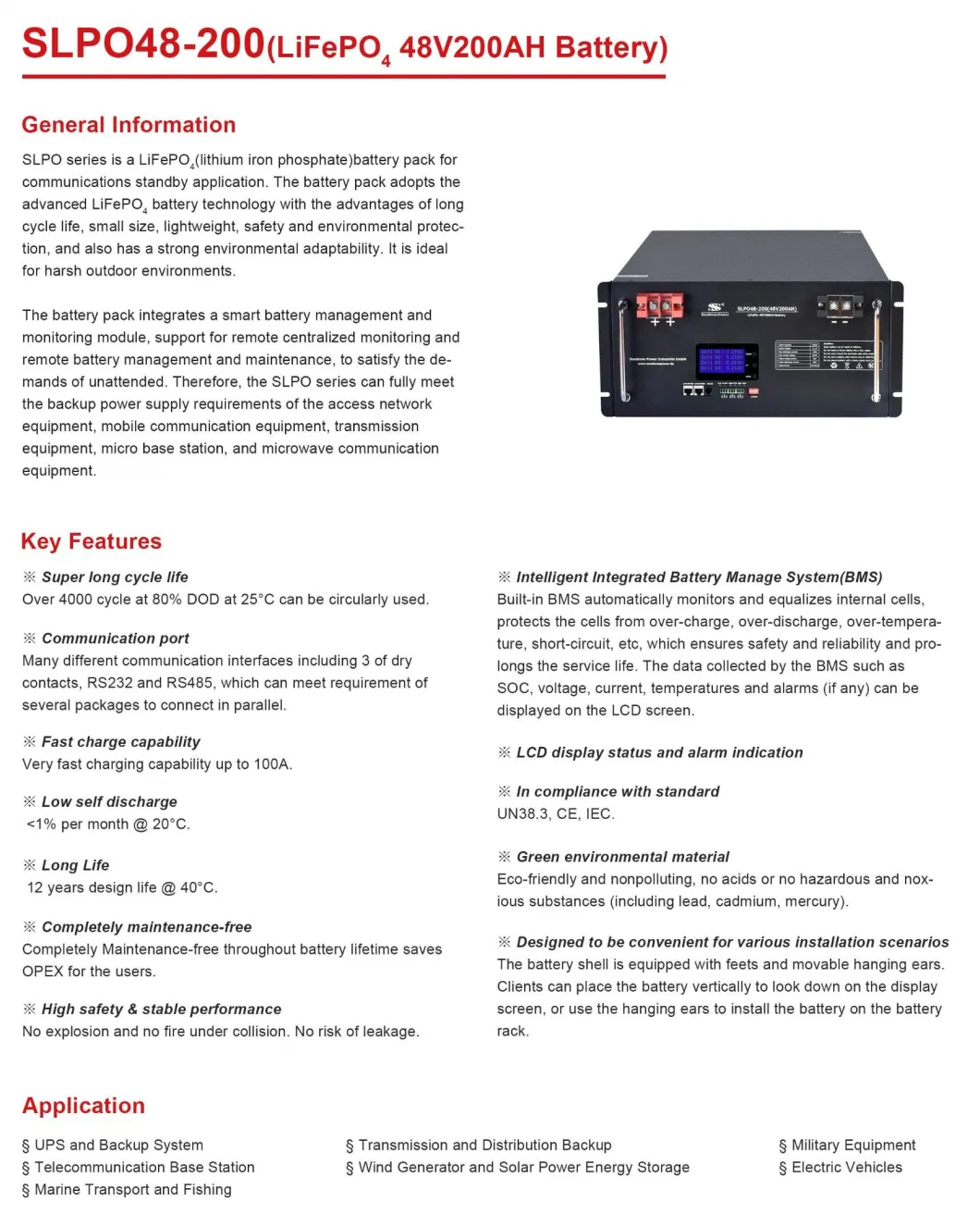 Solar Energy Storage Battery 9.6kwh 48V 200ah Rechargeable LiFePO4 Battery with BMS System