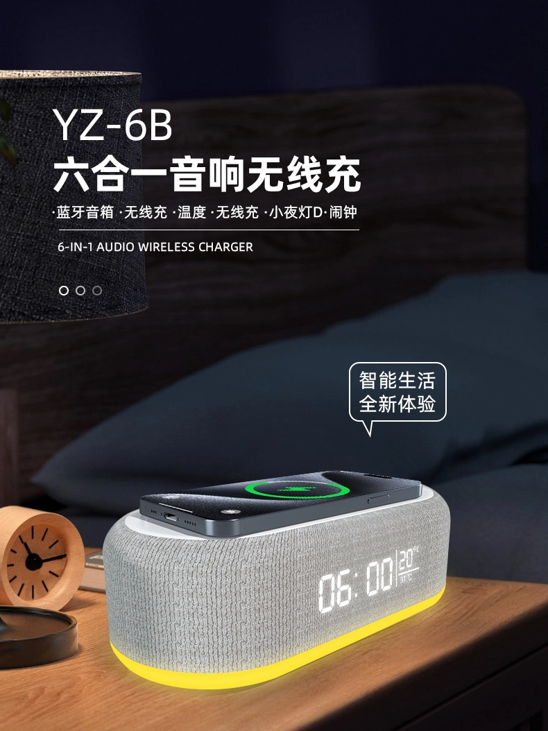 Portable Temperature Display Bt Speakers 18650 Battery Inside Charging Station Alarm Clock Wireless Charger with Night Light