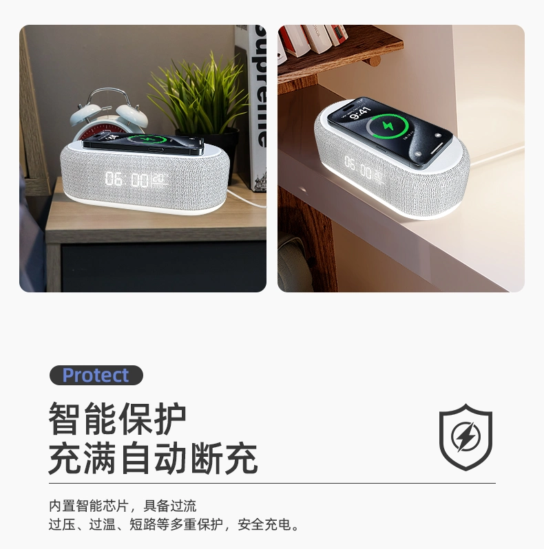 Portable Temperature Display Bt Speakers 18650 Battery Inside Charging Station Alarm Clock Wireless Charger with Night Light