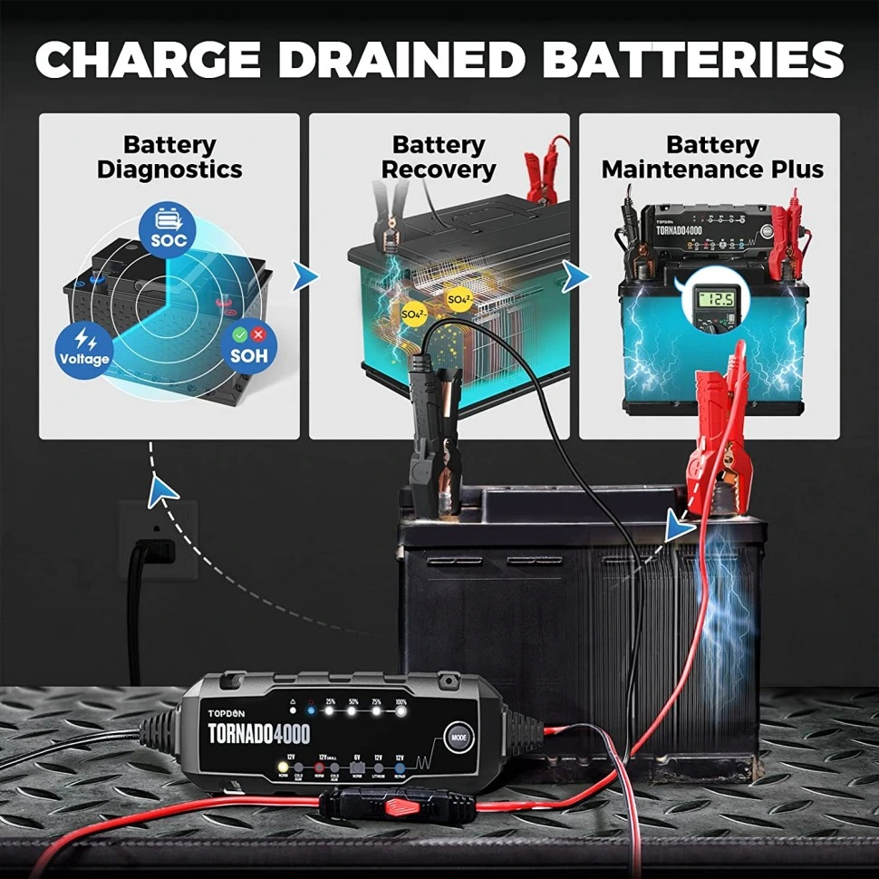 Topdon EU USA Australia Stock T4000 72V 48 Volt E58 Drone Car Phone Multiple Li-ion DC Battery and Charger Power Bank for Car Lead Acid Battery Charger