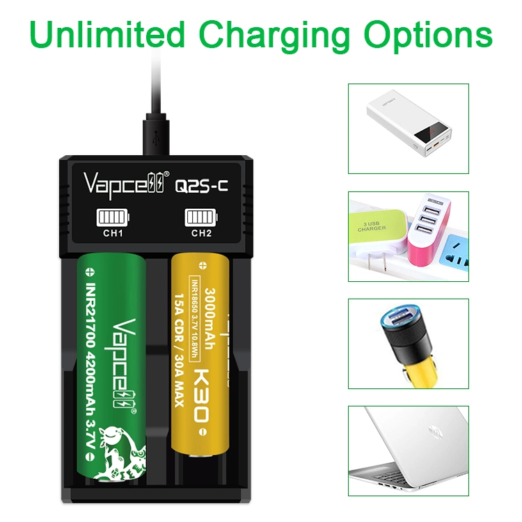 Type-C Charger Smart Fast Q2s-C Charger 2 Slot for 14500 10440 21700 AA AAA 18650 26650 Lithium Ion Batteries Rechargeable Battery