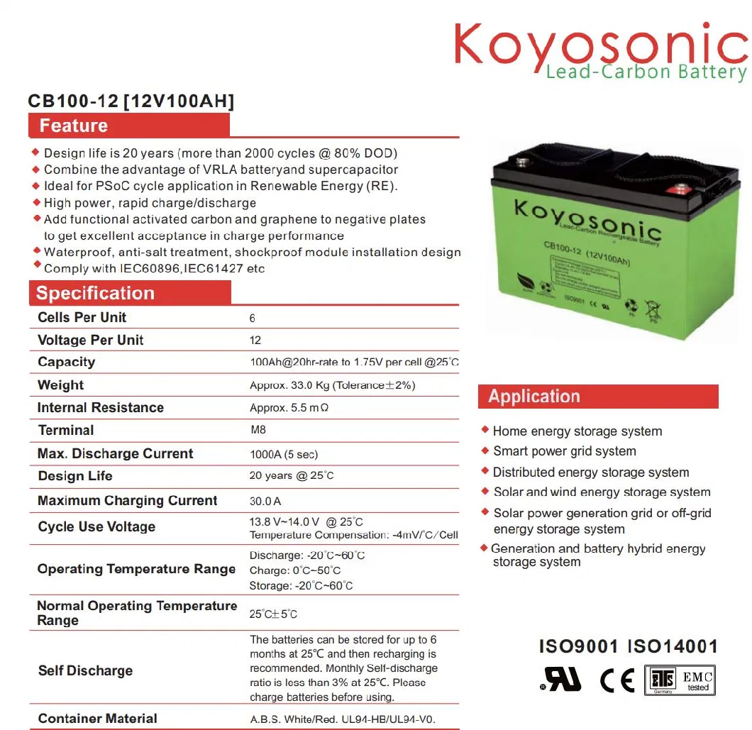 Lead Carbon Battery 2V/6V/12V Long-Life-Fast-Charging-Rechargeable-Deep-Cycle 100ah/200ah/250ah/400ah for Solar-Energy-Storage-System/